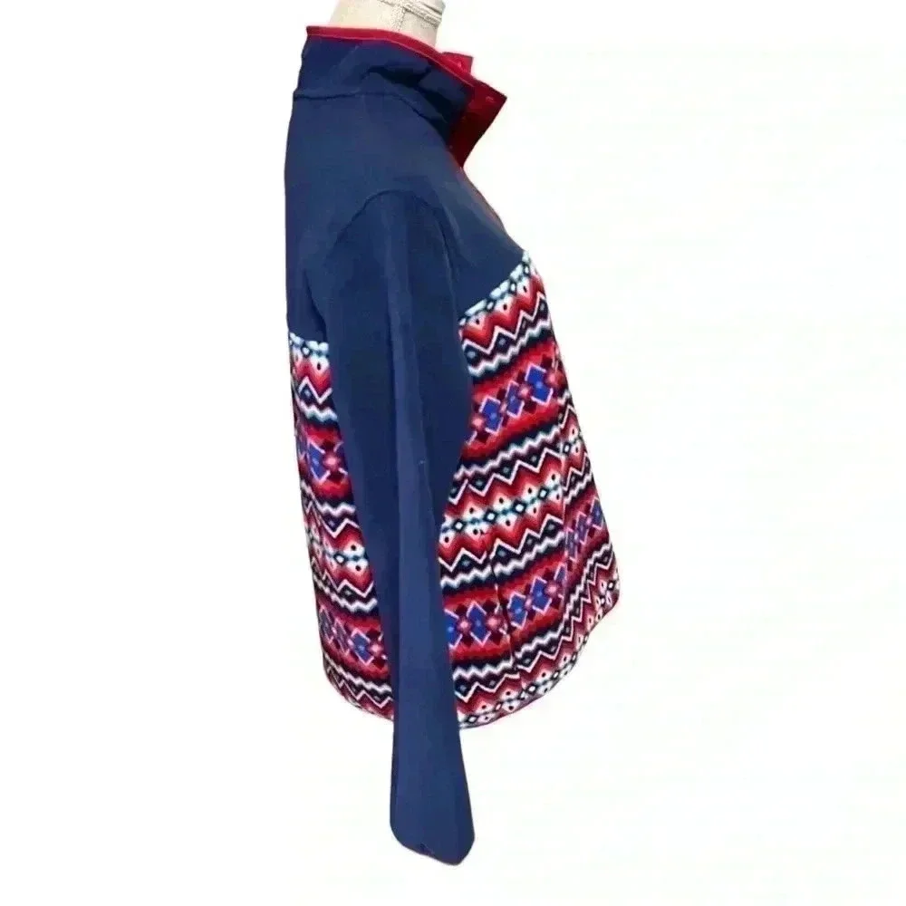 LANDS’ END UNISEX PULLOVER FLEECE SNAP NECK JACKET•SIZE MED MULTI COLORED